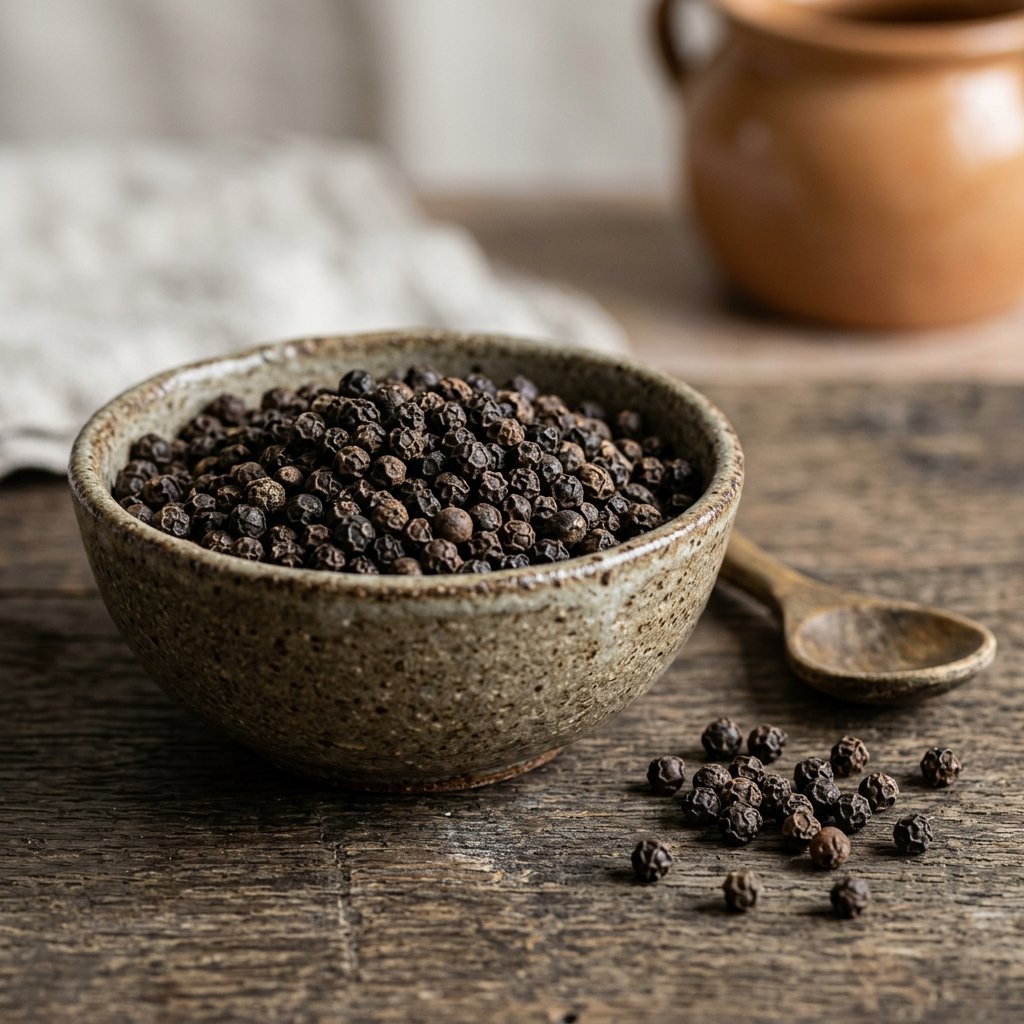 Export quality black peppercorns in ceramic dish